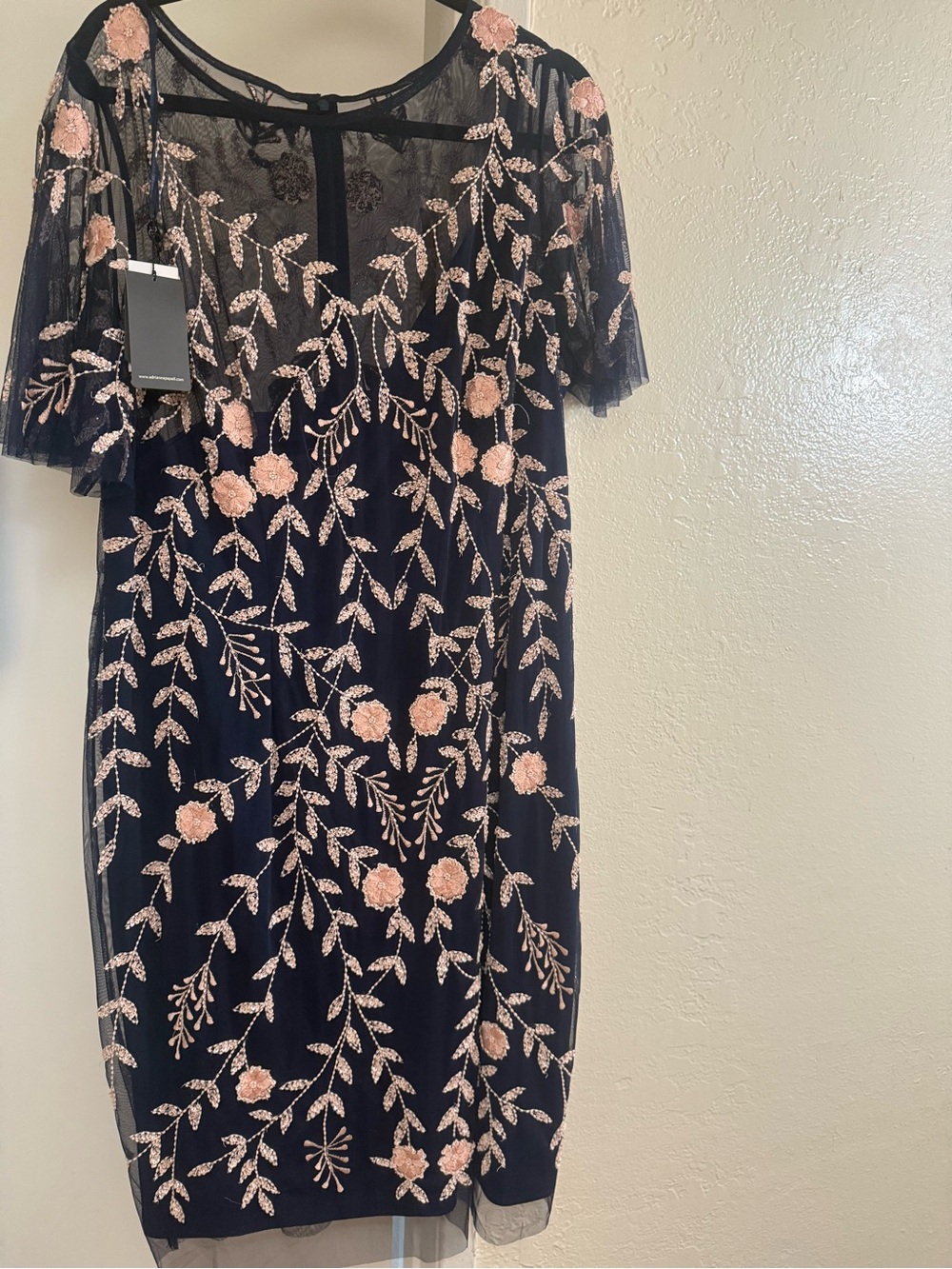 Adrianna Papell Black Midi Dress with Pink Floral Embroidery - Picture 6 of 7